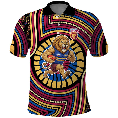 Brisbane Lions Polo Shirt Indigenous Monochrome Dot Art Mascot Style
