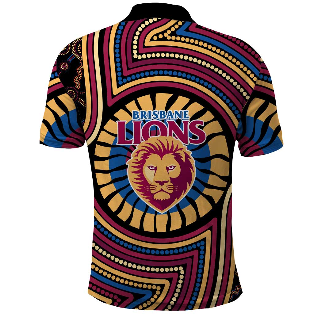 Brisbane Lions Polo Shirt Indigenous Monochrome Dot Art Mascot Style