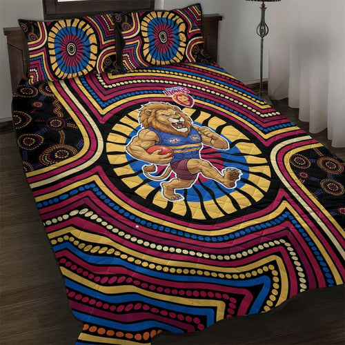 Brisbane Lions Quilt Bed Set Indigenous Monochrome Dot Art Mascot Style