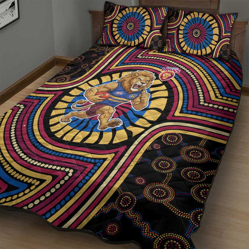 Brisbane Lions Quilt Bed Set Indigenous Monochrome Dot Art Mascot Style