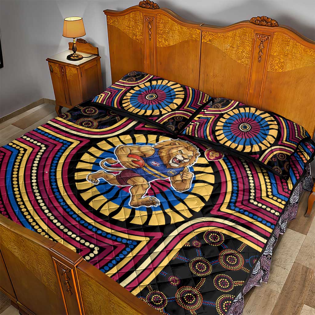 Brisbane Lions Quilt Bed Set Indigenous Monochrome Dot Art Mascot Style