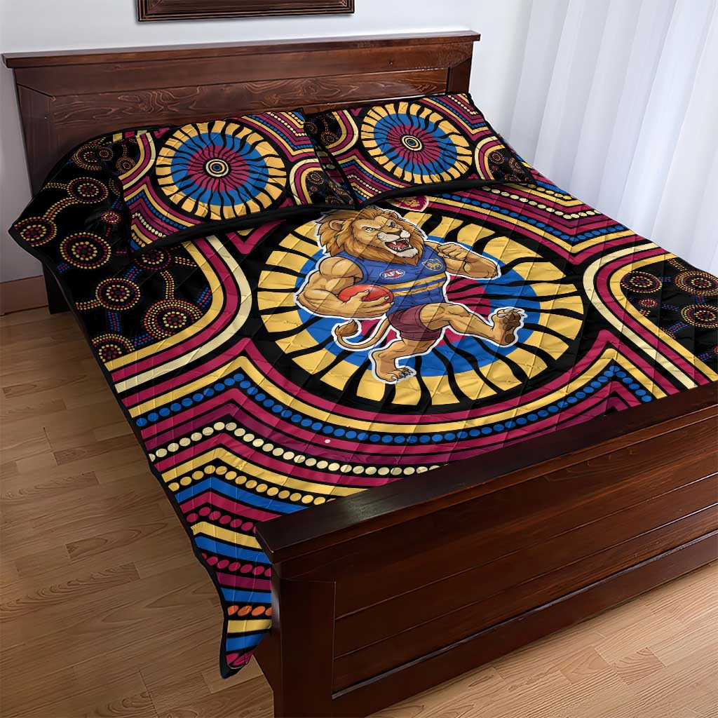 Brisbane Lions Quilt Bed Set Indigenous Monochrome Dot Art Mascot Style