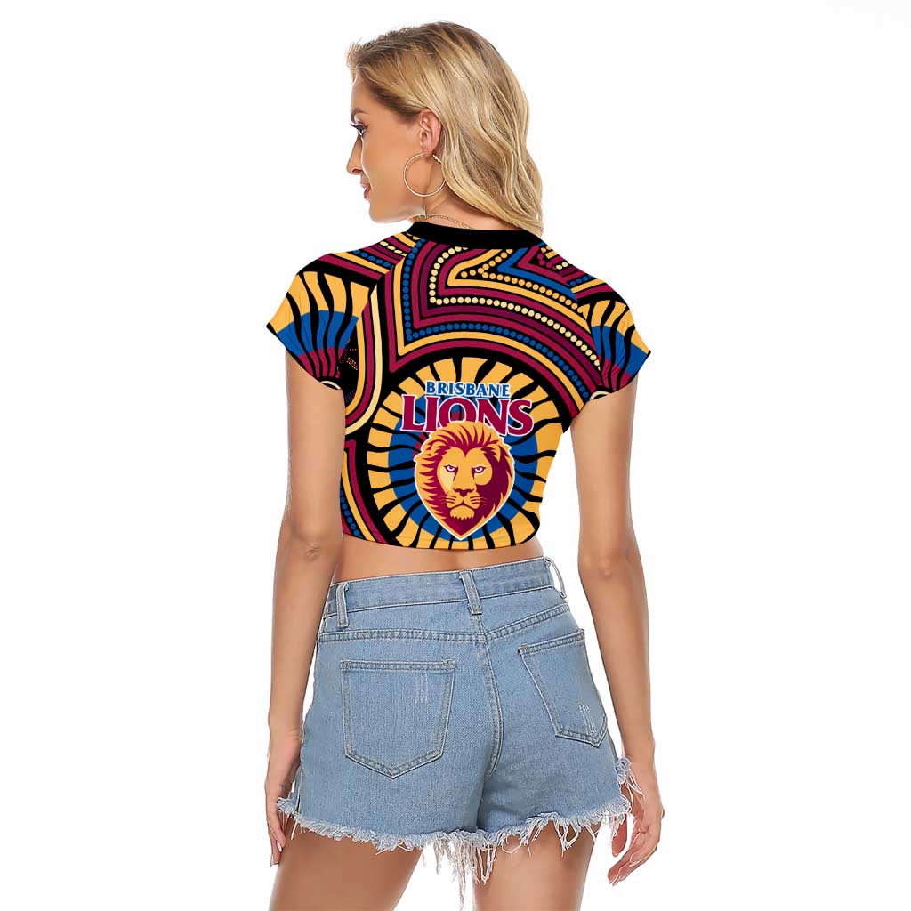 Brisbane Lions Raglan Cropped T Shirt Indigenous Monochrome Dot Art Mascot Style