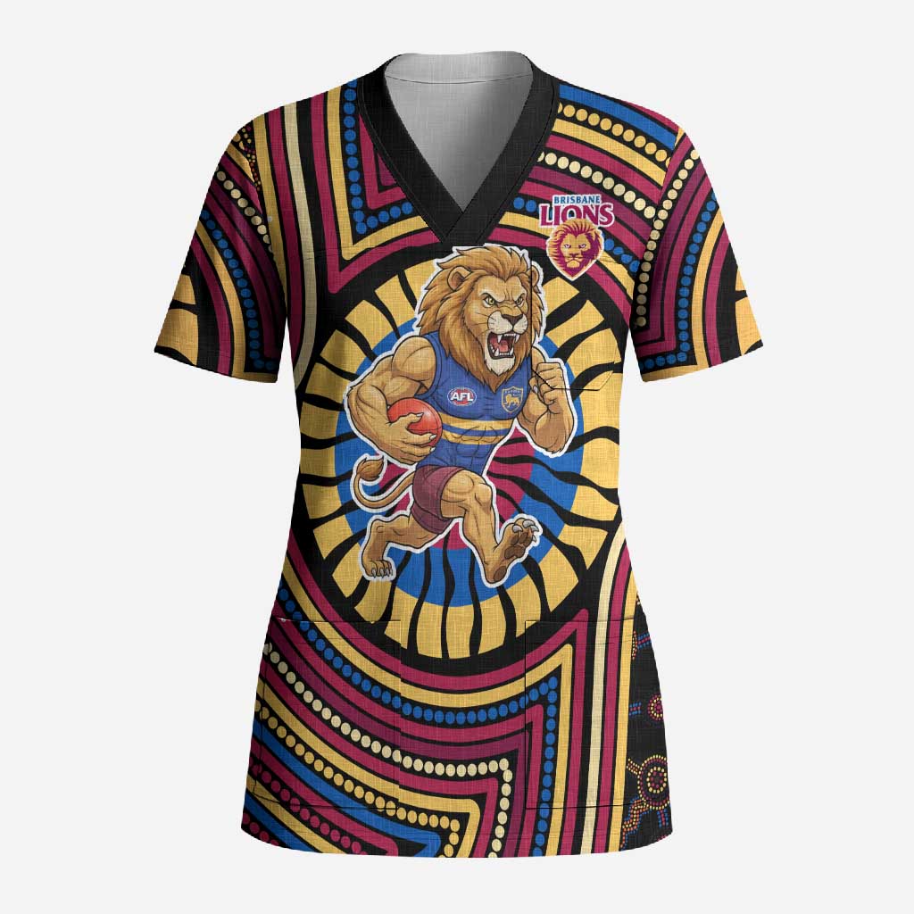 Brisbane Lions Scrub Top Indigenous Monochrome Dot Art Mascot Style