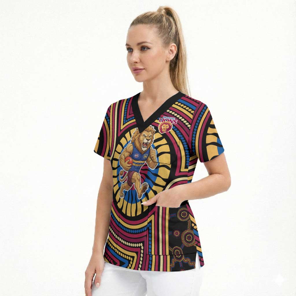 Brisbane Lions Scrub Top Indigenous Monochrome Dot Art Mascot Style