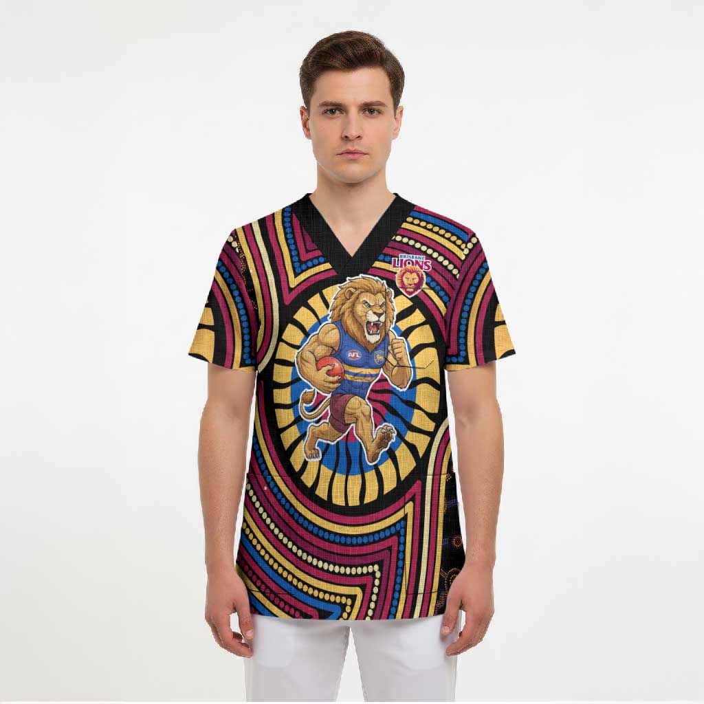 Brisbane Lions Scrub Top Indigenous Monochrome Dot Art Mascot Style
