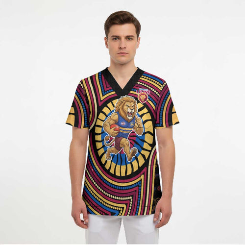 Brisbane Lions Scrub Top Indigenous Monochrome Dot Art Mascot Style