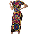 Brisbane Lions Short Sleeve Bodycon Dress Indigenous Monochrome Dot Art Mascot Style