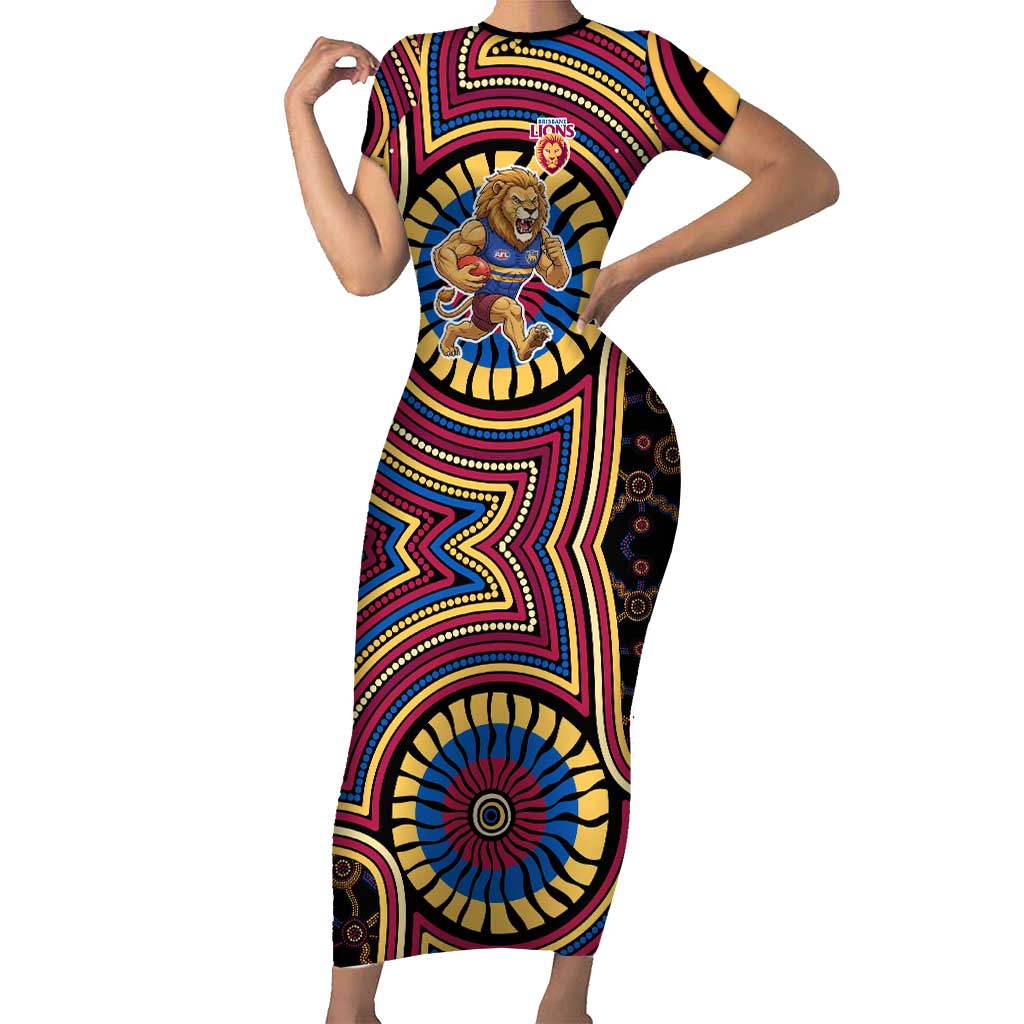 Brisbane Lions Short Sleeve Bodycon Dress Indigenous Monochrome Dot Art Mascot Style