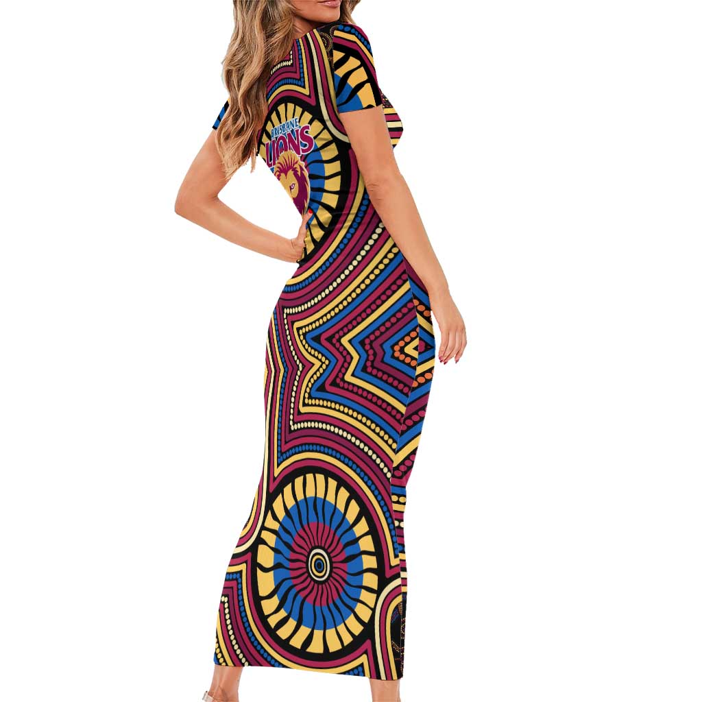 Brisbane Lions Short Sleeve Bodycon Dress Indigenous Monochrome Dot Art Mascot Style