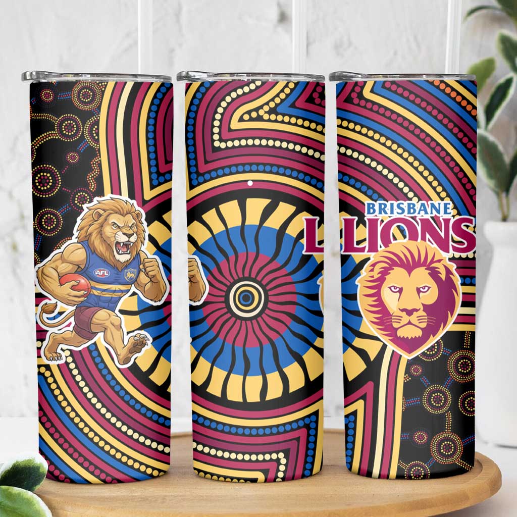 Brisbane Lions Skinny Tumbler Indigenous Monochrome Dot Art Mascot Style