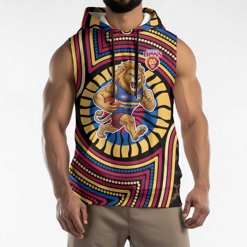 Brisbane Lions Sleeveless Hoodie Indigenous Monochrome Dot Art Mascot Style