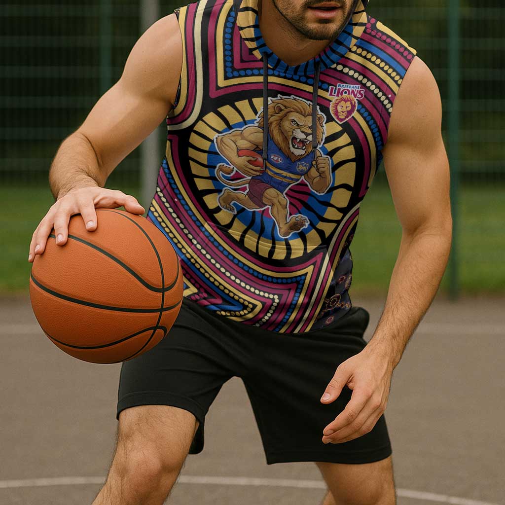 Brisbane Lions Sleeveless Hoodie Indigenous Monochrome Dot Art Mascot Style