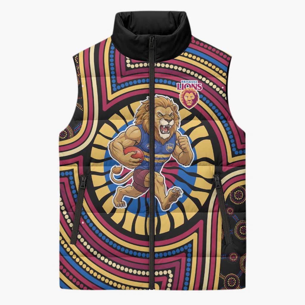 Brisbane Lions Sleeveless Puffer Jacket Indigenous Monochrome Dot Art Mascot Style
