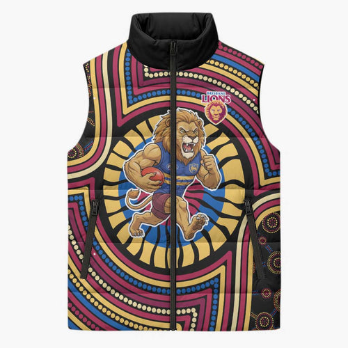 Brisbane Lions Sleeveless Puffer Jacket Indigenous Monochrome Dot Art Mascot Style