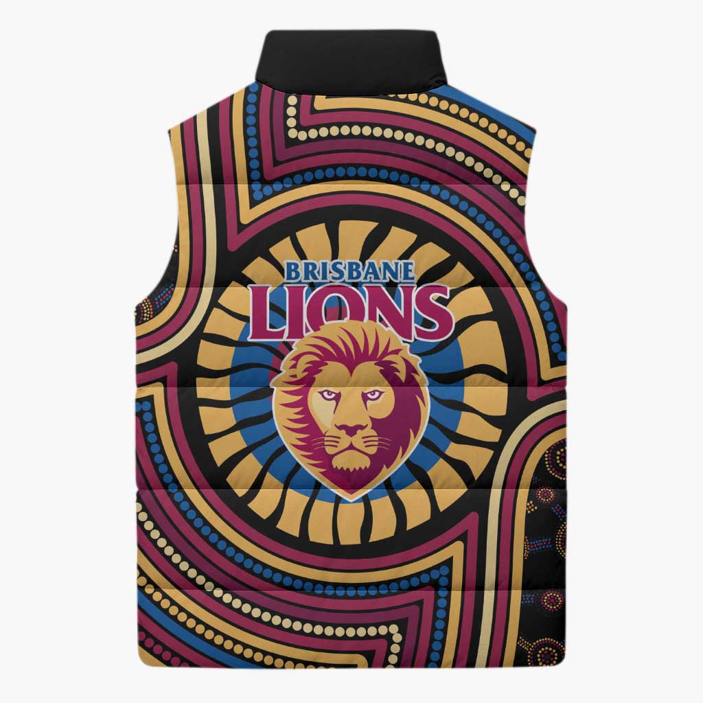 Brisbane Lions Sleeveless Puffer Jacket Indigenous Monochrome Dot Art Mascot Style