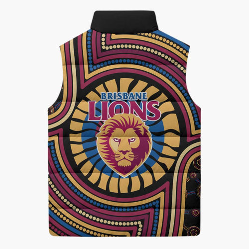 Brisbane Lions Sleeveless Puffer Jacket Indigenous Monochrome Dot Art Mascot Style