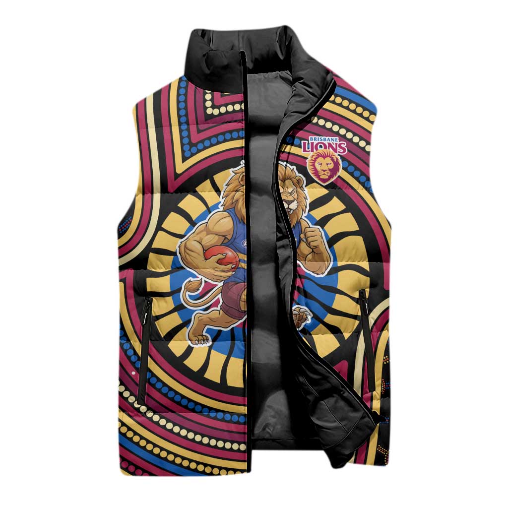 Brisbane Lions Sleeveless Puffer Jacket Indigenous Monochrome Dot Art Mascot Style