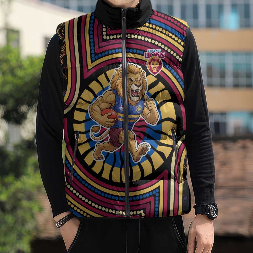 Brisbane Lions Sleeveless Puffer Jacket Indigenous Monochrome Dot Art Mascot Style