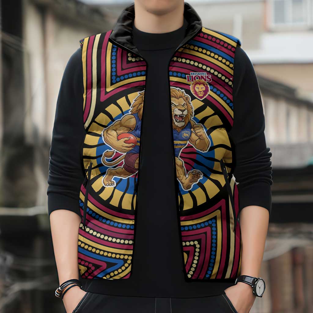 Brisbane Lions Sleeveless Puffer Jacket Indigenous Monochrome Dot Art Mascot Style