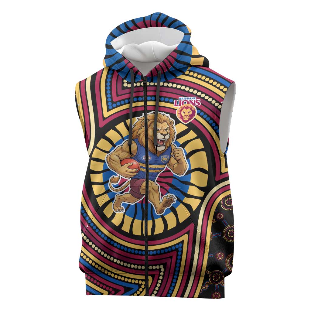 Brisbane Lions Sleeveless Zip Hoodie Indigenous Monochrome Dot Art Mascot Style