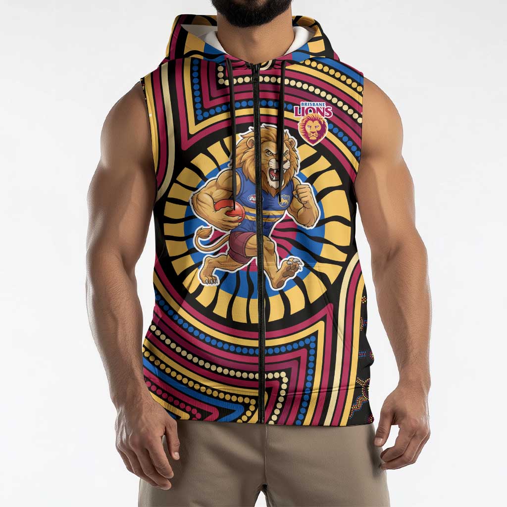 Brisbane Lions Sleeveless Zip Hoodie Indigenous Monochrome Dot Art Mascot Style