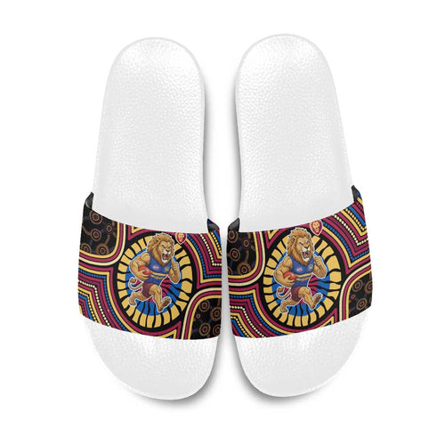 Brisbane Lions Slide Sandals Indigenous Monochrome Dot Art Mascot Style