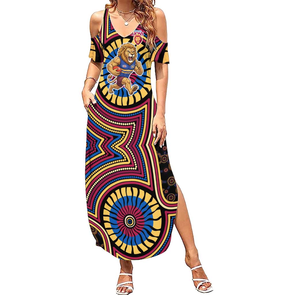 Brisbane Lions Summer Maxi Dress Indigenous Monochrome Dot Art Mascot Style
