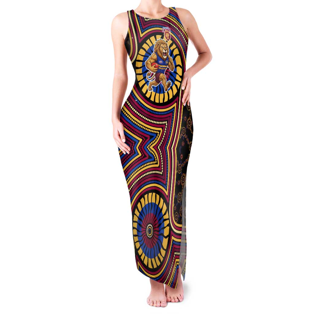 Brisbane Lions Tank Maxi Dress Indigenous Monochrome Dot Art Mascot Style