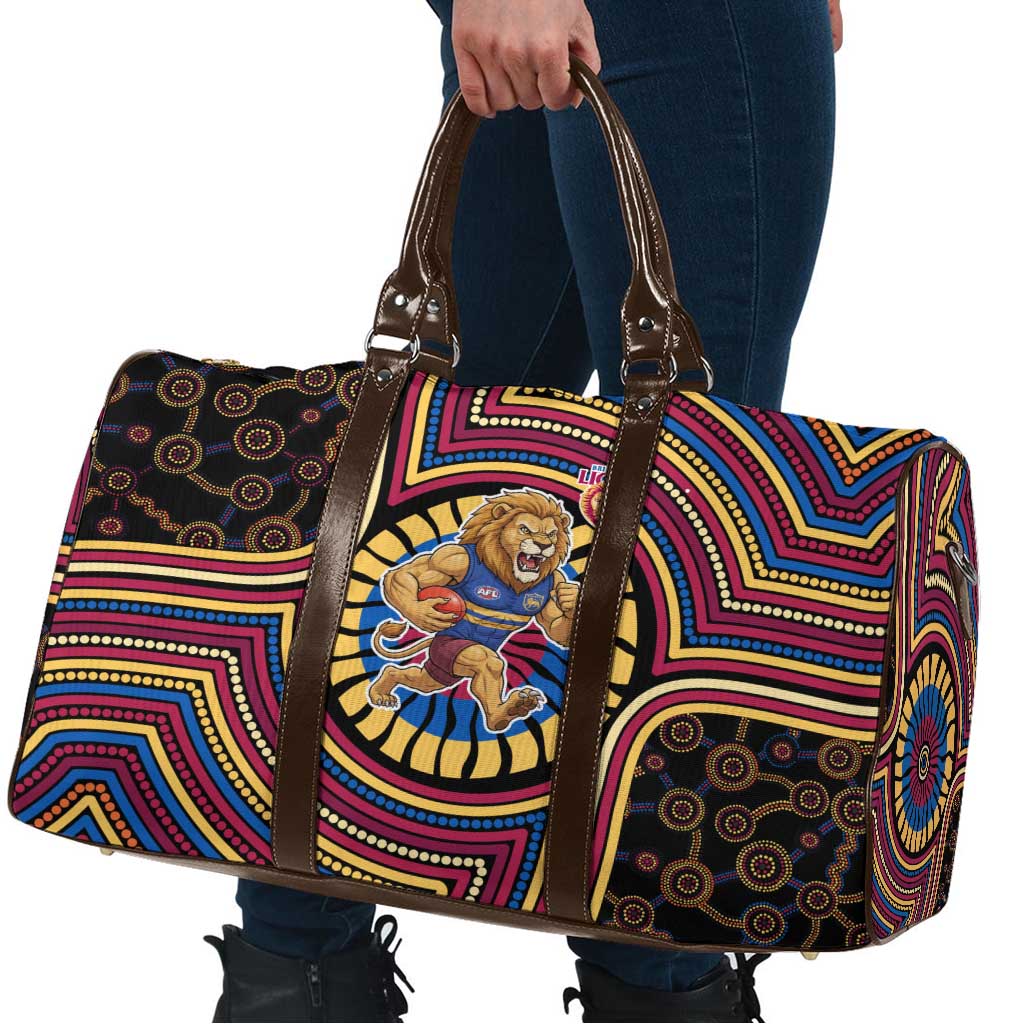 Brisbane Lions Travel Bag Indigenous Monochrome Dot Art Mascot Style