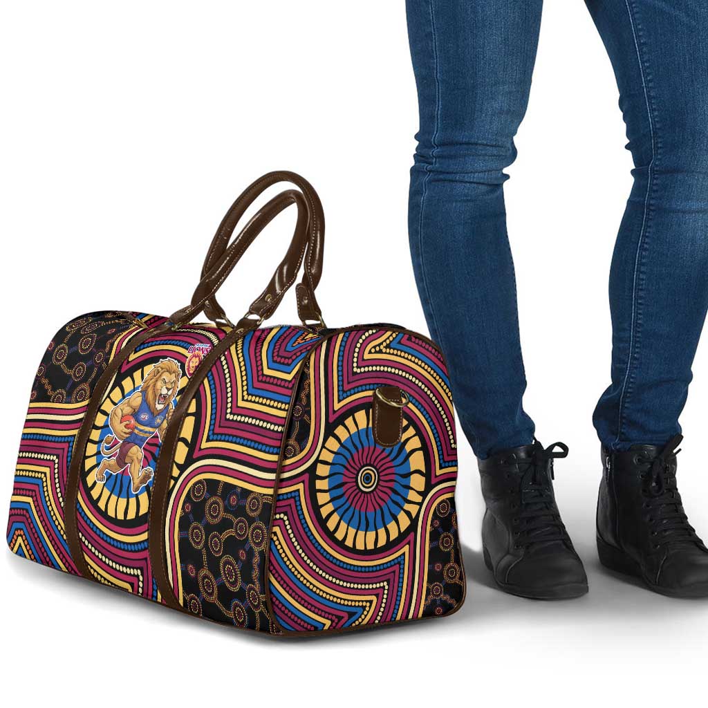 Brisbane Lions Travel Bag Indigenous Monochrome Dot Art Mascot Style