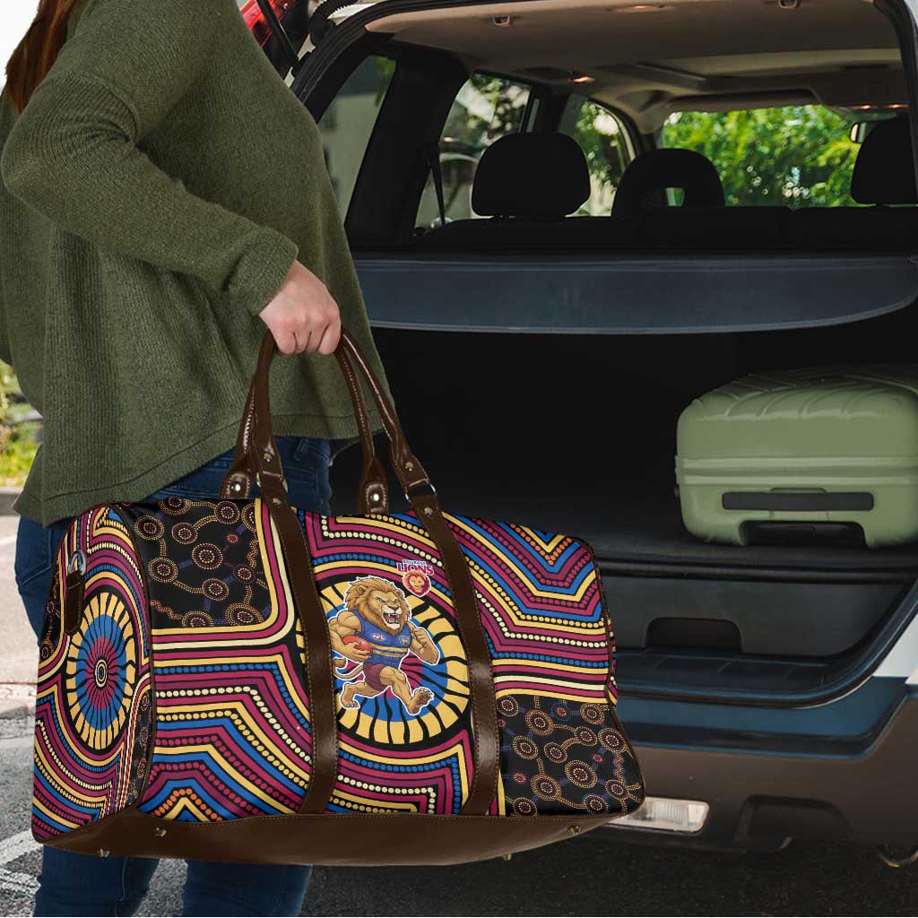 Brisbane Lions Travel Bag Indigenous Monochrome Dot Art Mascot Style