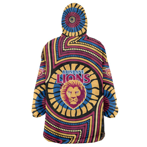 Brisbane Lions Wearable Blanket Hoodie Indigenous Monochrome Dot Art Mascot Style