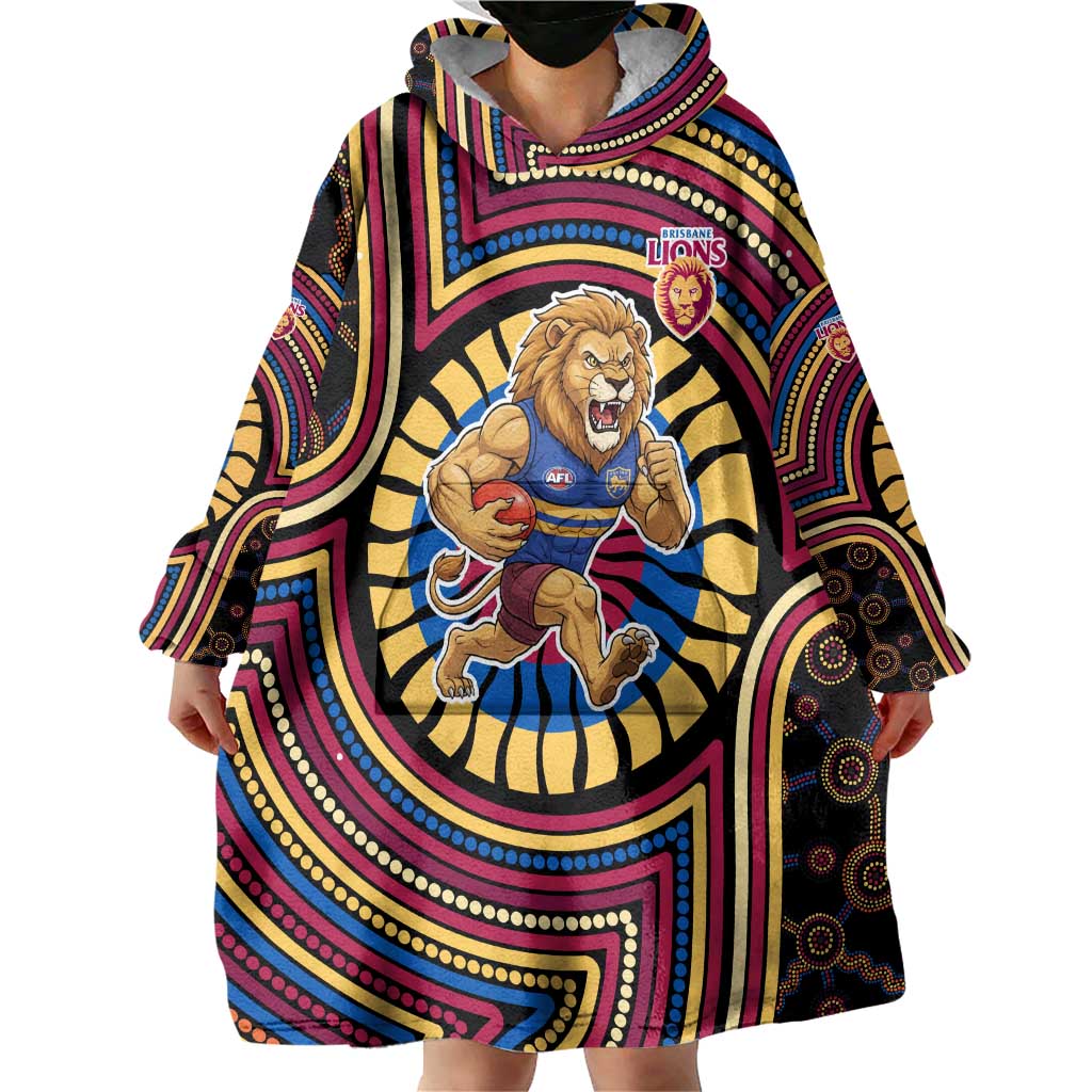 Brisbane Lions Wearable Blanket Hoodie Indigenous Monochrome Dot Art Mascot Style