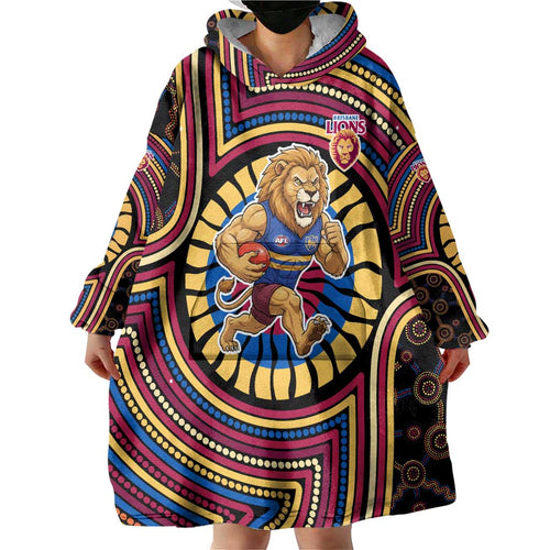 Brisbane Lions Wearable Blanket Hoodie Indigenous Monochrome Dot Art Mascot Style