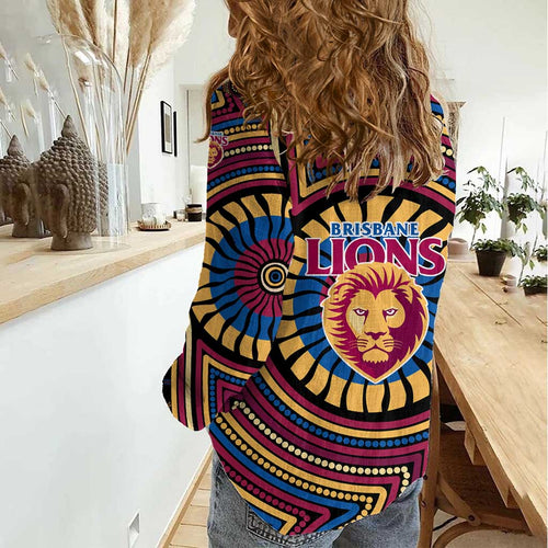 Brisbane Lions Women Casual Shirt Indigenous Monochrome Dot Art Mascot Style