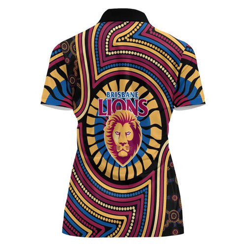 Brisbane Lions Women Polo Shirt Indigenous Monochrome Dot Art Mascot Style