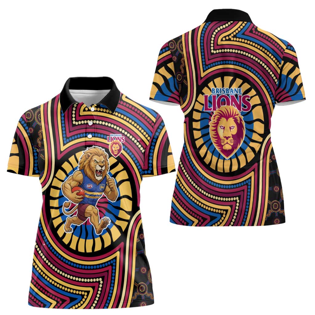 Brisbane Lions Women Polo Shirt Indigenous Monochrome Dot Art Mascot Style