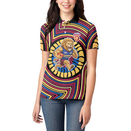 Brisbane Lions Women Polo Shirt Indigenous Monochrome Dot Art Mascot Style