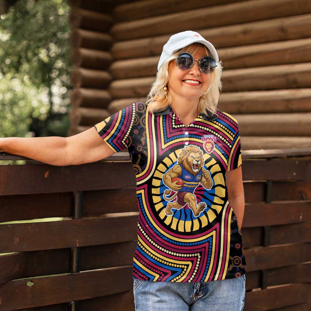 Brisbane Lions Women Polo Shirt Indigenous Monochrome Dot Art Mascot Style
