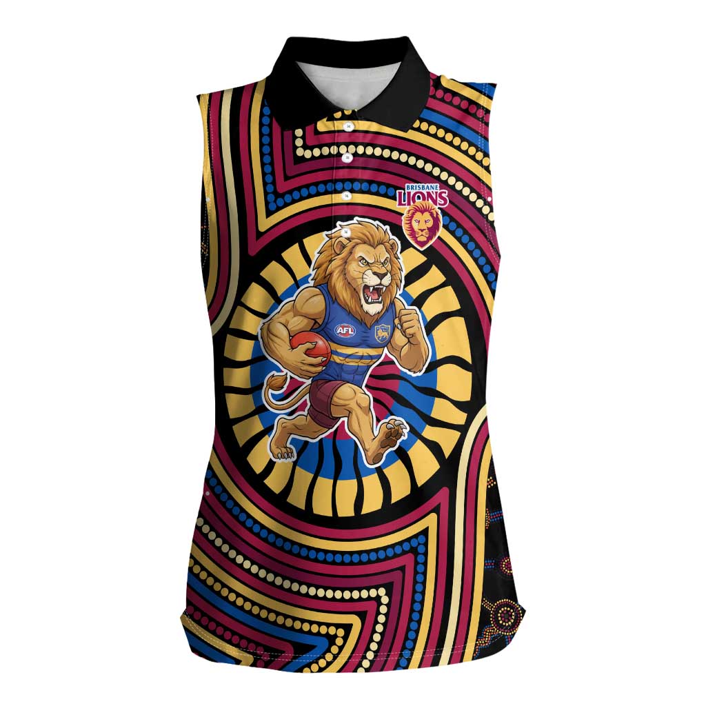 Brisbane Lions Women Sleeveless Polo Shirt Indigenous Monochrome Dot Art Mascot Style