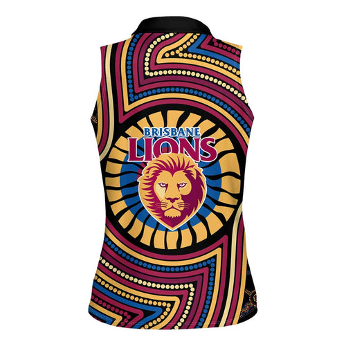 Brisbane Lions Women Sleeveless Polo Shirt Indigenous Monochrome Dot Art Mascot Style