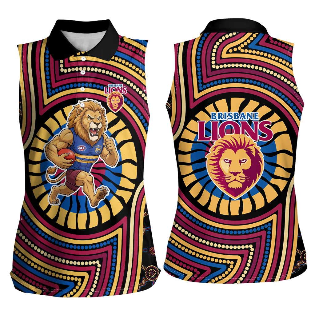 Brisbane Lions Women Sleeveless Polo Shirt Indigenous Monochrome Dot Art Mascot Style