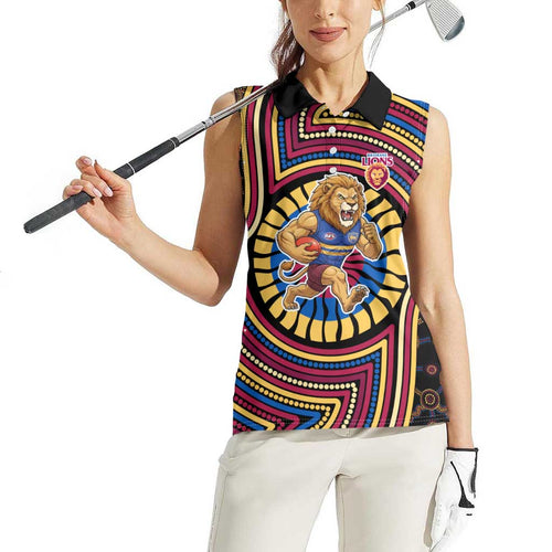 Brisbane Lions Women Sleeveless Polo Shirt Indigenous Monochrome Dot Art Mascot Style