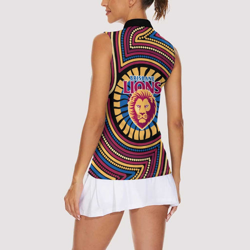 Brisbane Lions Women Sleeveless Polo Shirt Indigenous Monochrome Dot Art Mascot Style