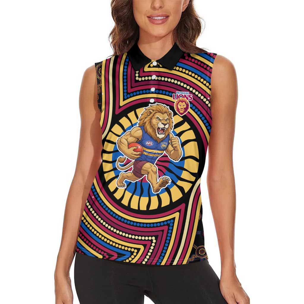 Brisbane Lions Women Sleeveless Polo Shirt Indigenous Monochrome Dot Art Mascot Style