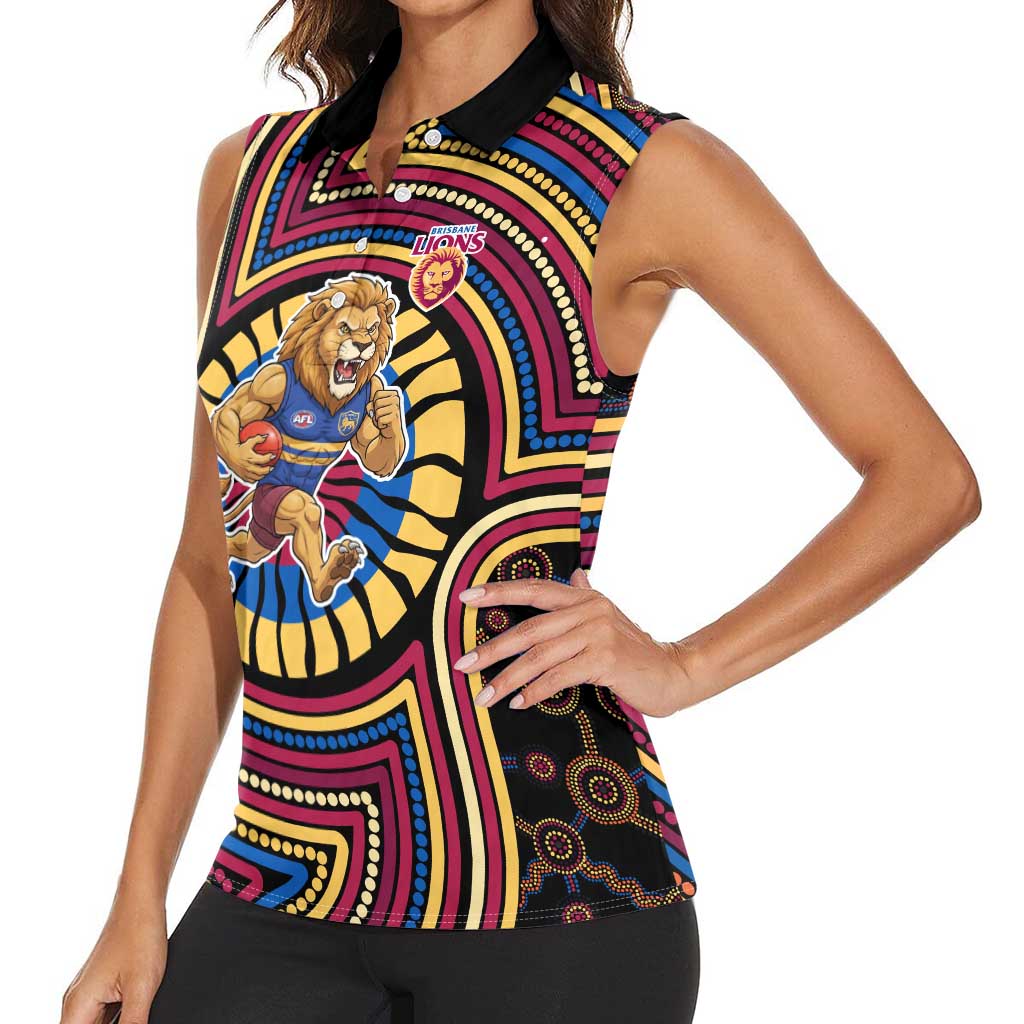 Brisbane Lions Women Sleeveless Polo Shirt Indigenous Monochrome Dot Art Mascot Style