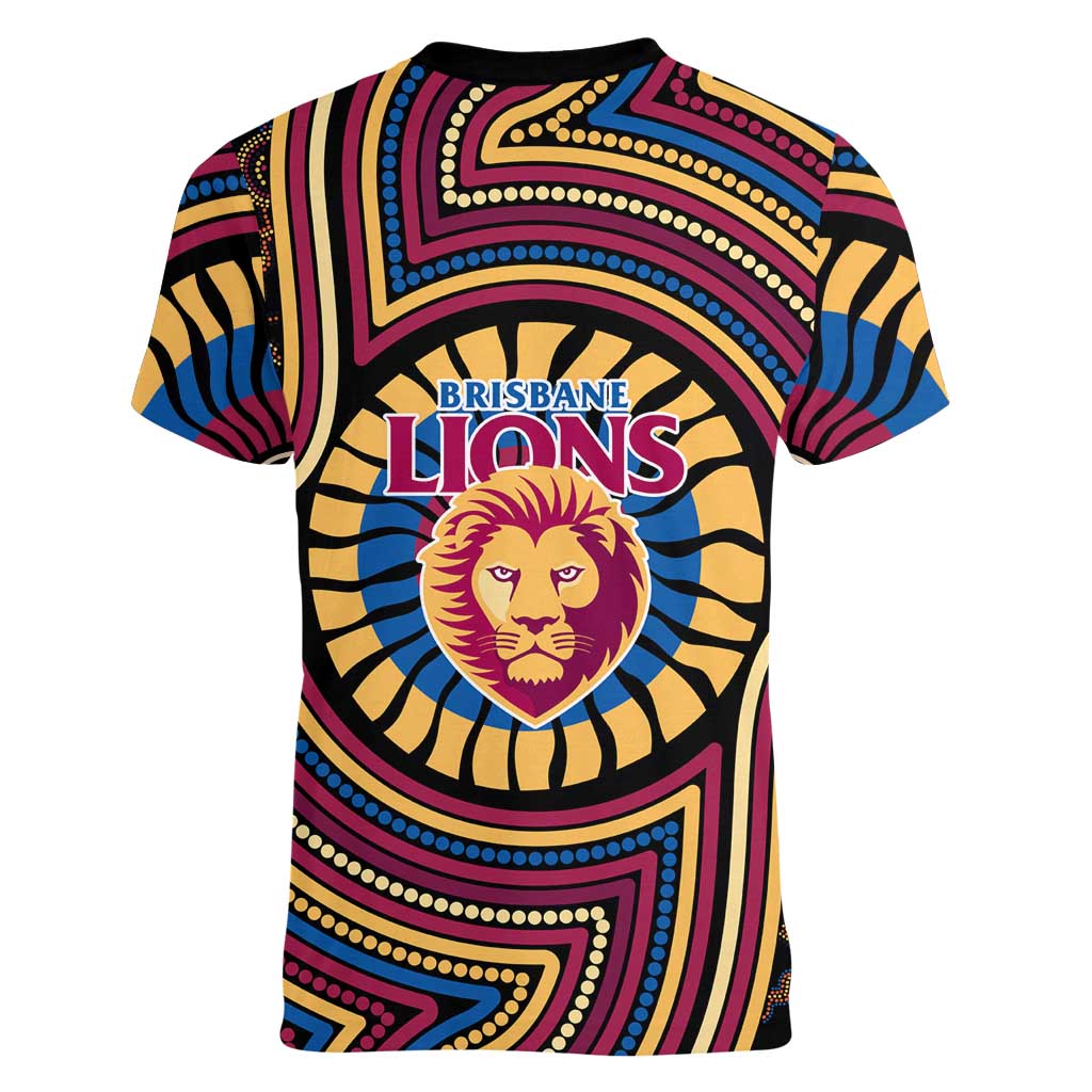 Brisbane Lions Women V-Neck T-Shirt Indigenous Monochrome Dot Art Mascot Style
