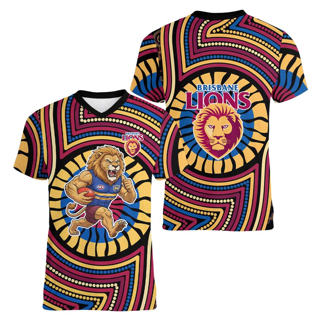 Brisbane Lions Women V-Neck T-Shirt Indigenous Monochrome Dot Art Mascot Style