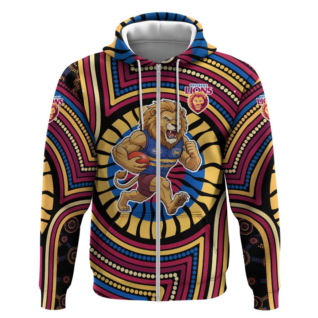 Brisbane Lions Zip Hoodie Indigenous Monochrome Dot Art Mascot Style